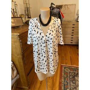 Eclair Women's White Black Brushstroke Print V Neck Short Sleeve Top‎ Shirt L